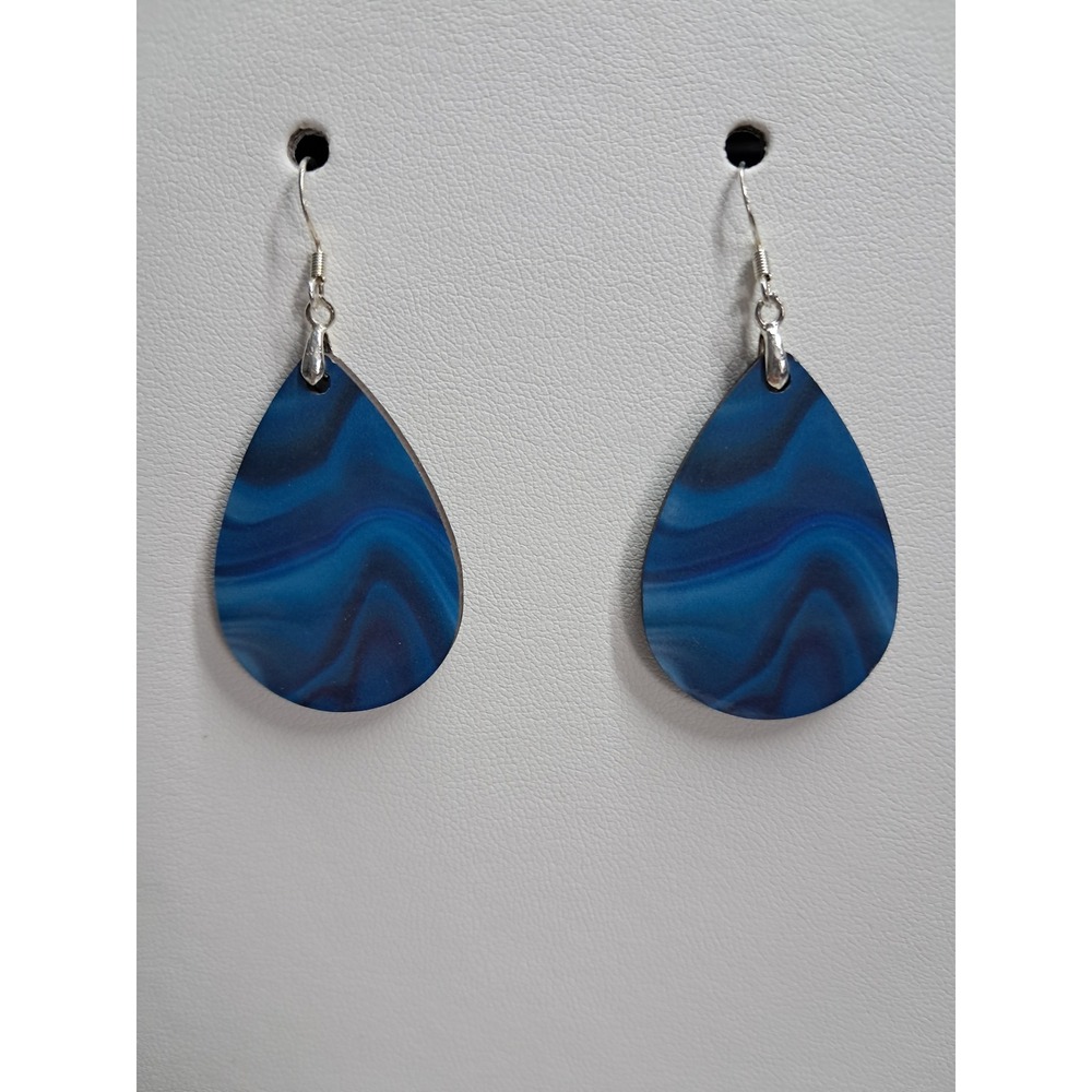 Blue Marbled Teardrop Earrings Silver Tone French Wire Hook Drop Dangle Jewelry‎